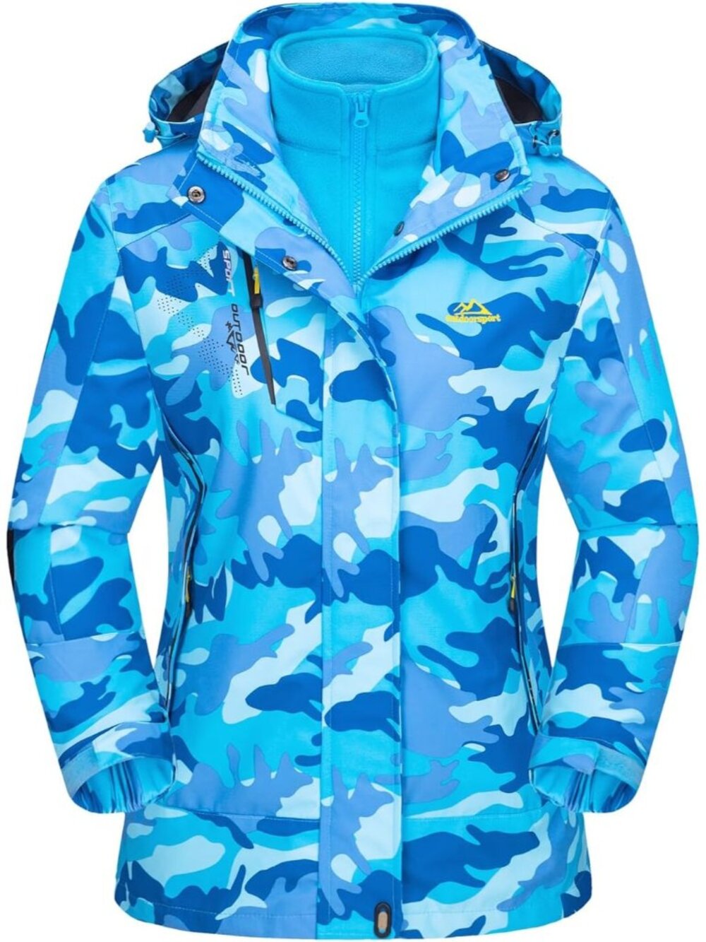 Women's Blue Camo Notch Collar Adjustable Hood Zipper Pocket Snow Ski Jacket